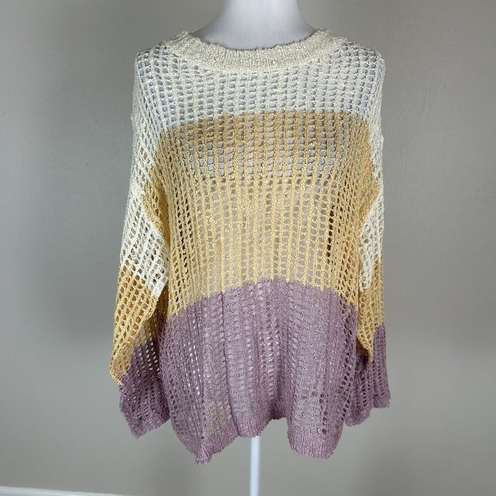 Bibi XL Crochet Pullover Colorful Rainbow Sheer Open Knit Stripe White